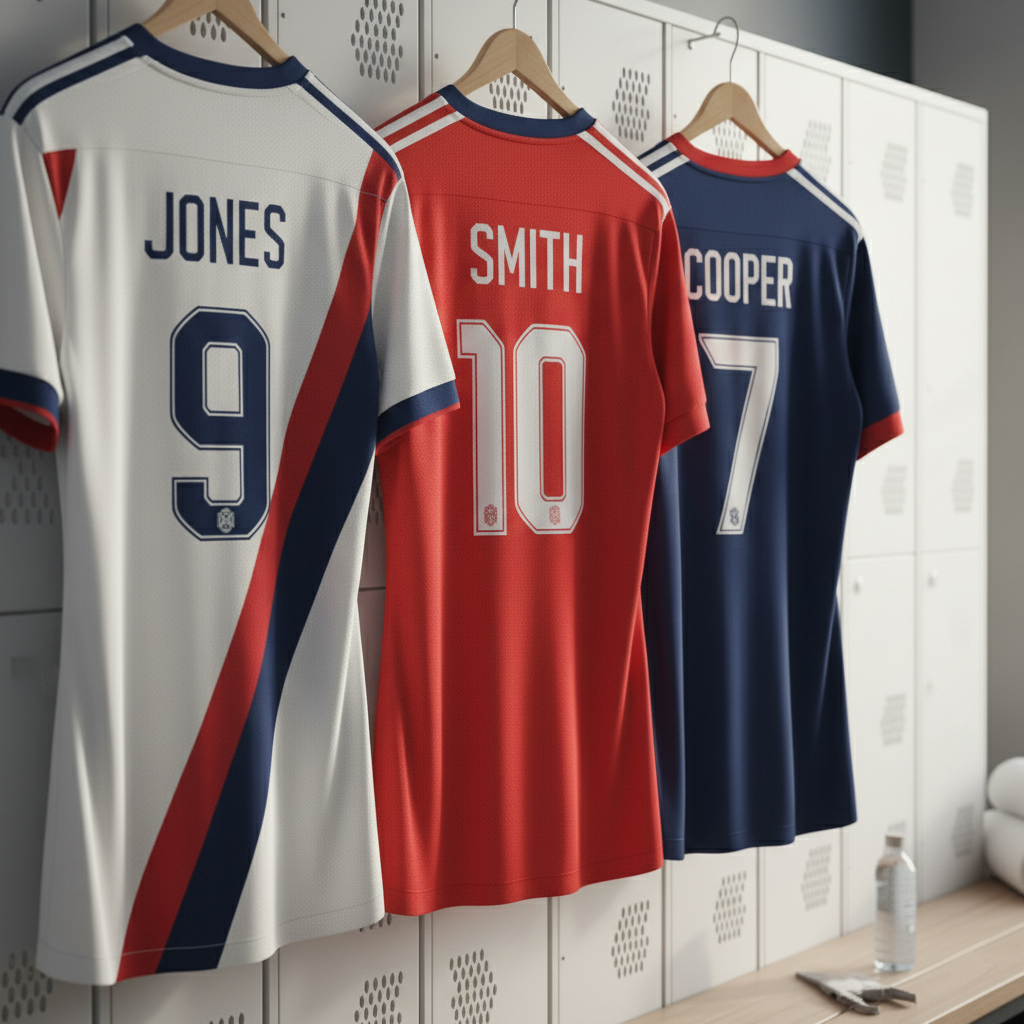 Rząd spersonalizowanych koszulek wiszących w szatni