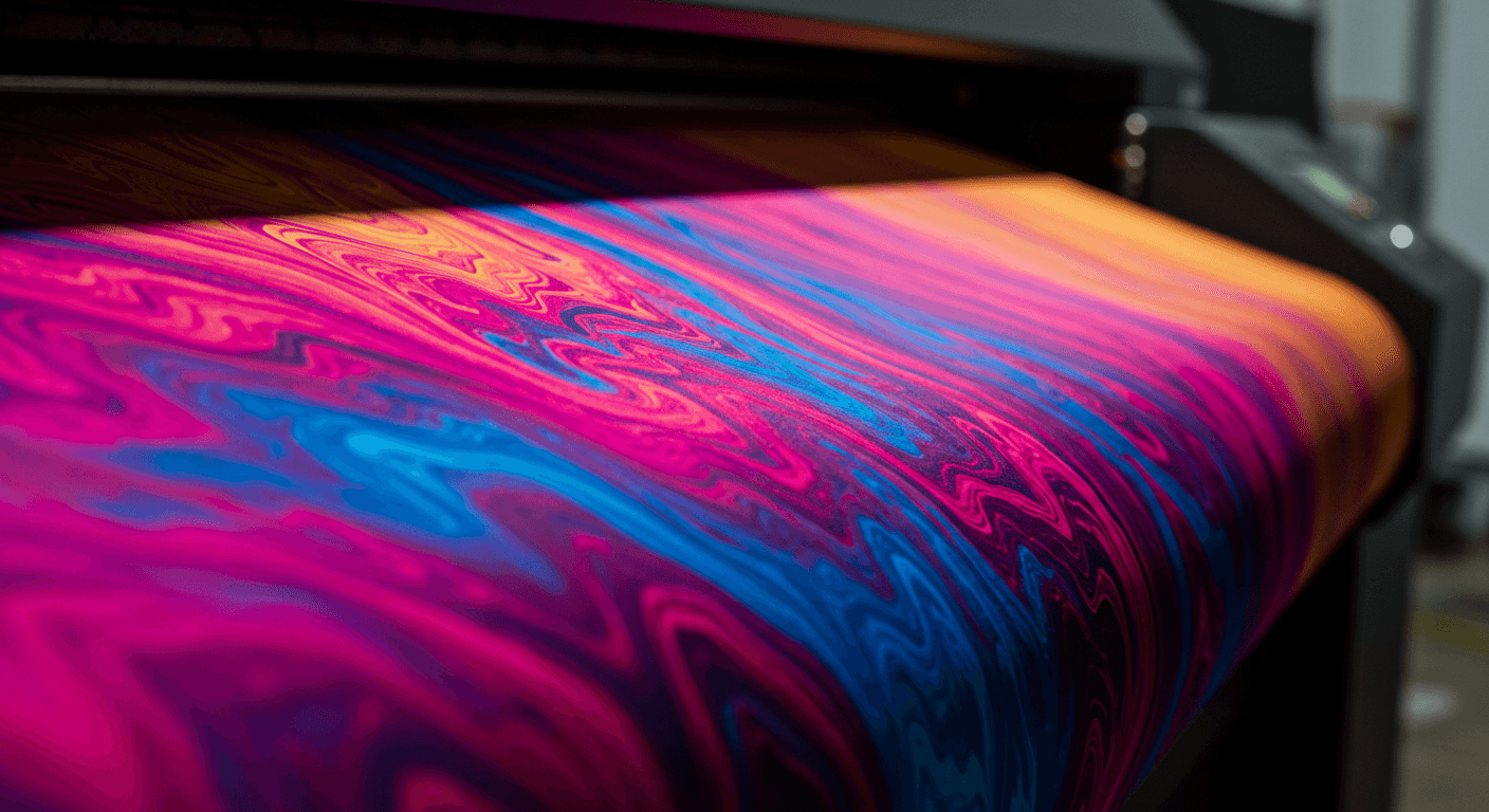 Żywo kolorowy zwój materiału wychodzący z drukarki sublimacyjnej