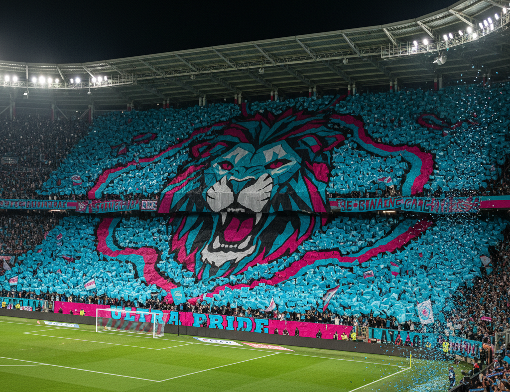 Wielka zorganizowana oprawa kibicowska TIFO z flag na stadionie